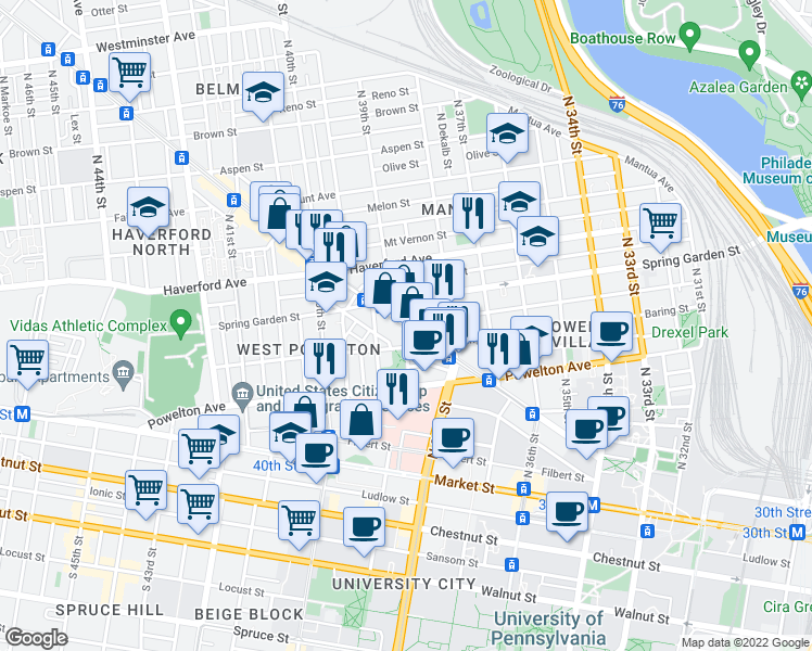 map of restaurants, bars, coffee shops, grocery stores, and more near Lancaster Avenue & Hamilton Street in Philadelphia