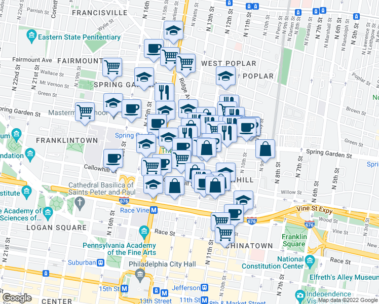 map of restaurants, bars, coffee shops, grocery stores, and more near 501 North 13th Street in Philadelphia