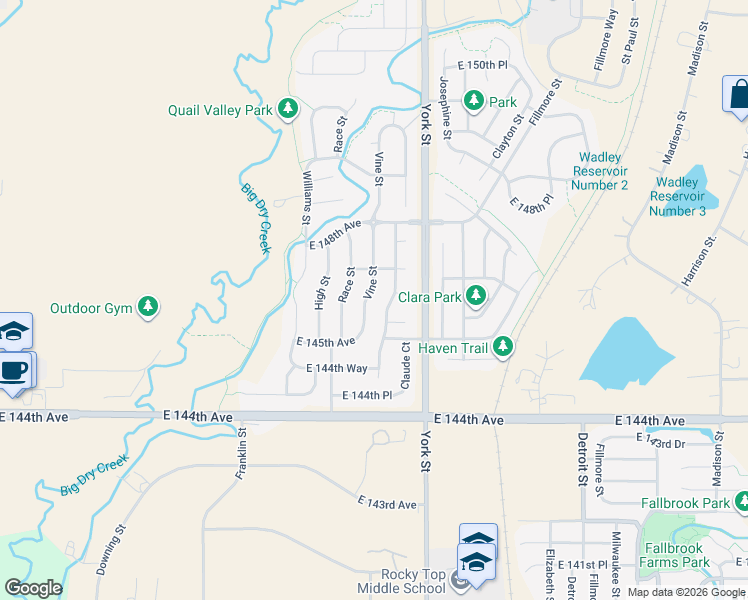 map of restaurants, bars, coffee shops, grocery stores, and more near 14625 Gaylord Street in Thornton
