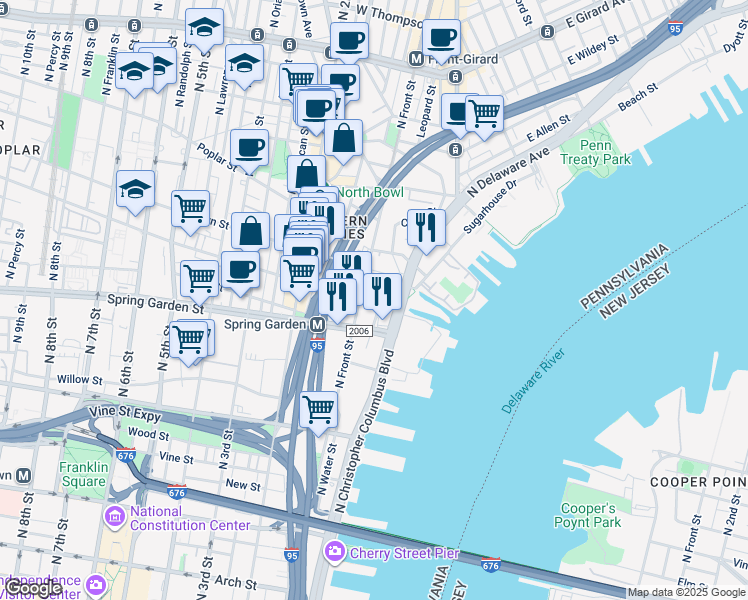 map of restaurants, bars, coffee shops, grocery stores, and more near 707 North Front Street in Philadelphia
