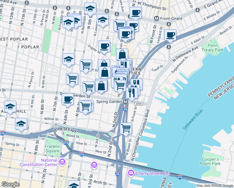 map of restaurants, bars, coffee shops, grocery stores, and more near 625 North 2nd Street in Philadelphia