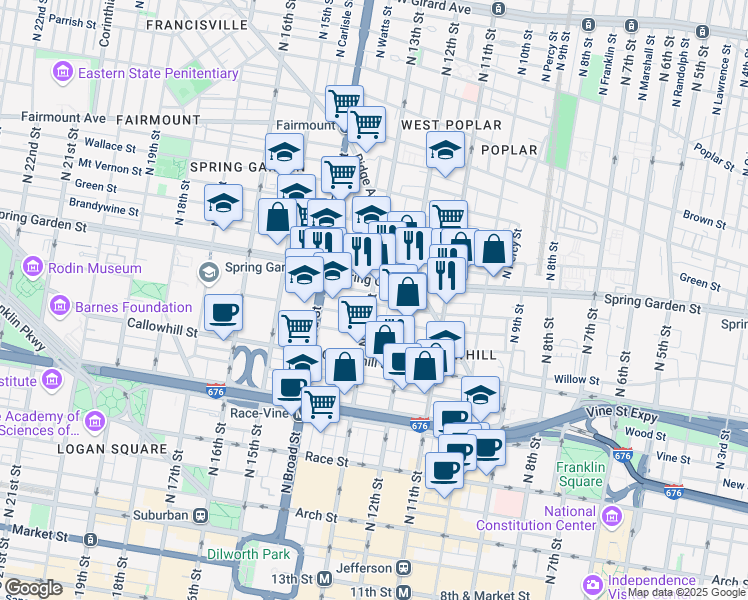 map of restaurants, bars, coffee shops, grocery stores, and more near 1234 Spring Garden Street in Philadelphia