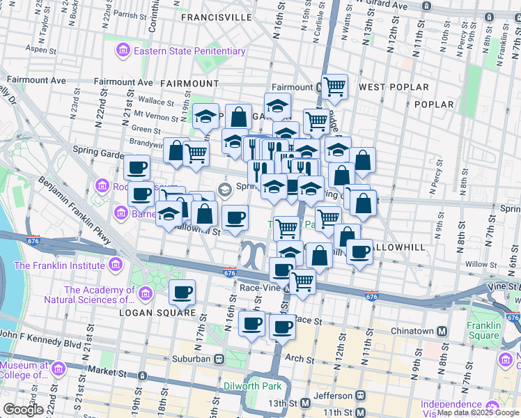 map of restaurants, bars, coffee shops, grocery stores, and more near 1500 Hamilton Street in Philadelphia