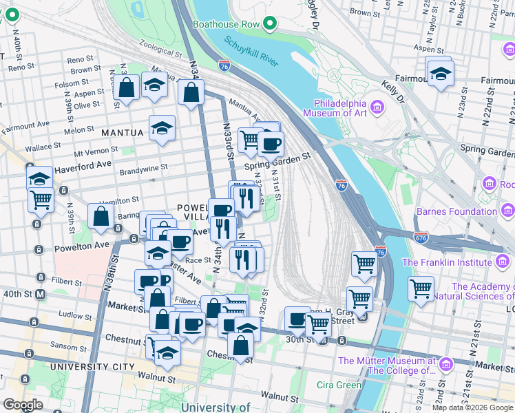 map of restaurants, bars, coffee shops, grocery stores, and more near 3214 Baring Street in Philadelphia