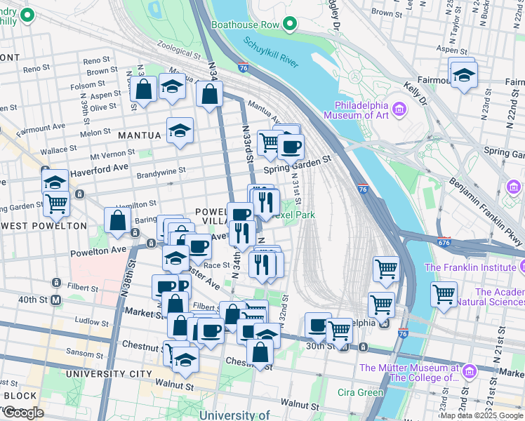 map of restaurants, bars, coffee shops, grocery stores, and more near 3214 Baring Street in Philadelphia
