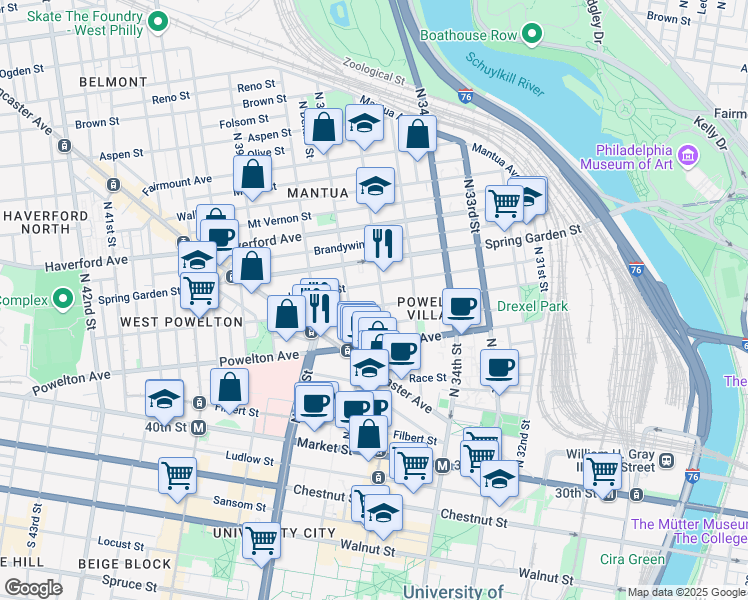 map of restaurants, bars, coffee shops, grocery stores, and more near 3616 Hamilton Street in Philadelphia