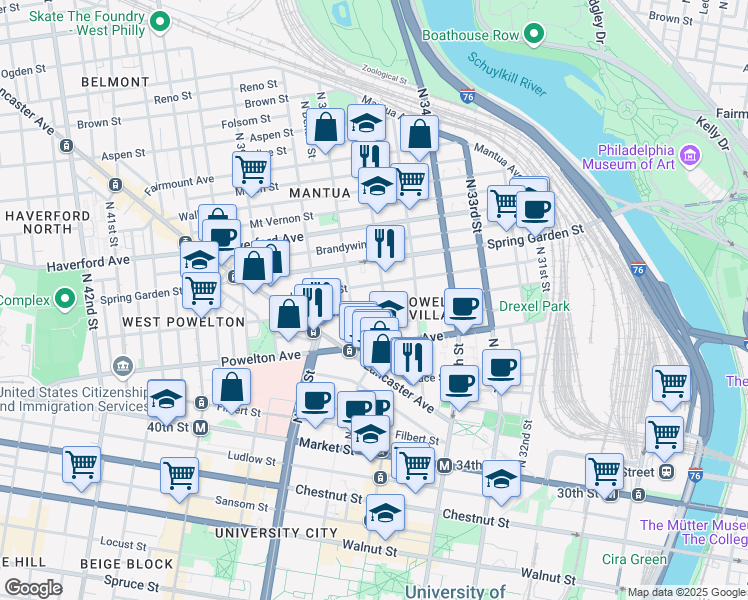 map of restaurants, bars, coffee shops, grocery stores, and more near 3616 Hamilton Street in Philadelphia