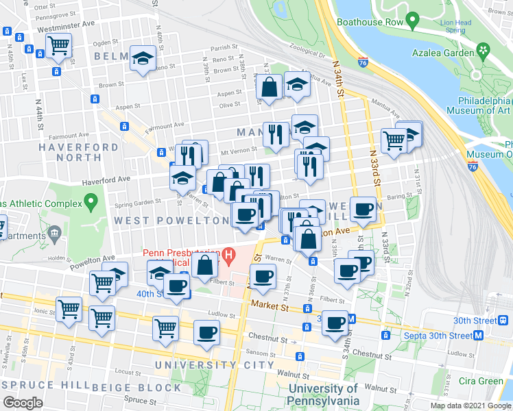 map of restaurants, bars, coffee shops, grocery stores, and more near 3827 Hamilton Street in Philadelphia