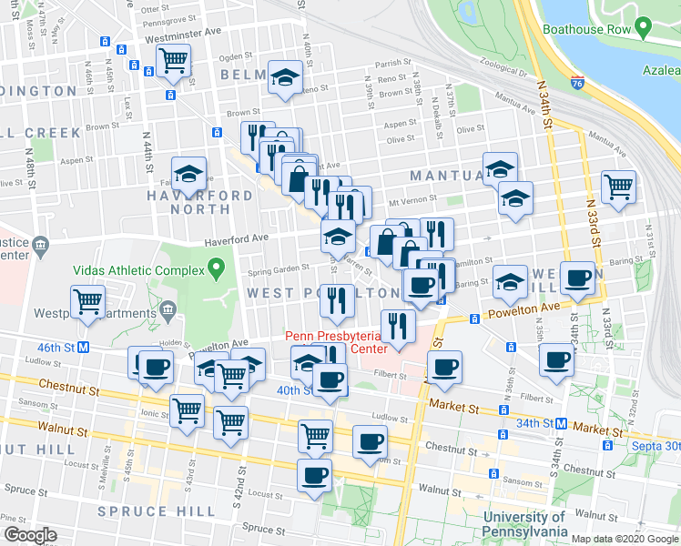 map of restaurants, bars, coffee shops, grocery stores, and more near 428 North 40th Street in Philadelphia