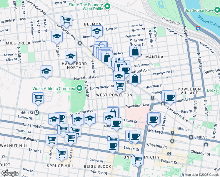 map of restaurants, bars, coffee shops, grocery stores, and more near 4047 Spring Garden Street in Philadelphia