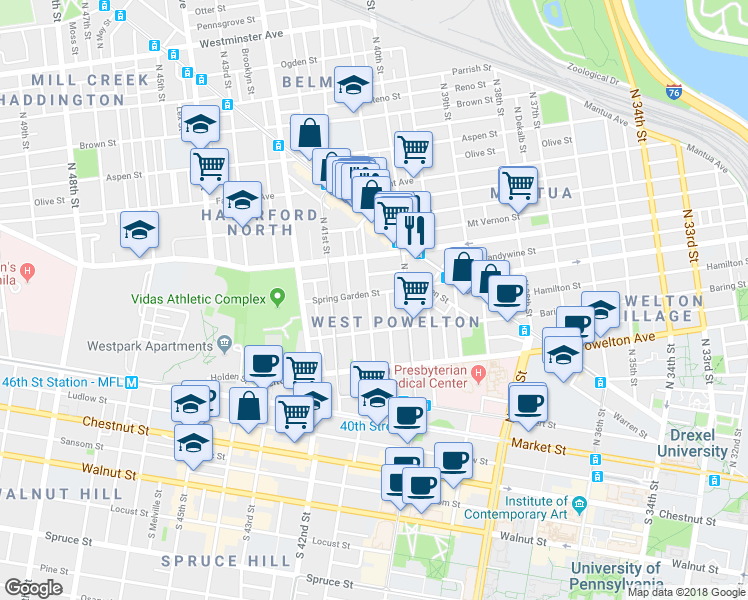 map of restaurants, bars, coffee shops, grocery stores, and more near 4047 Spring Garden Street in Philadelphia
