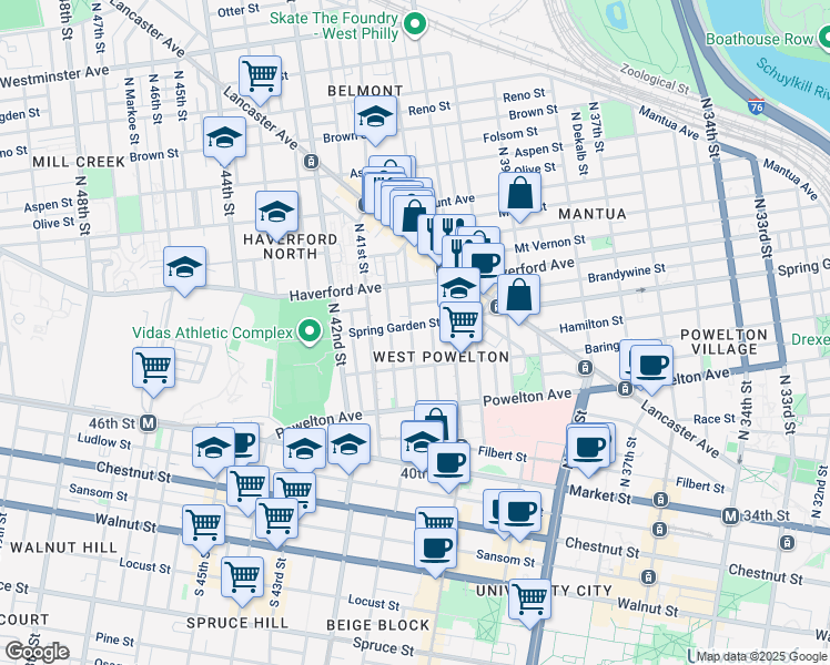 map of restaurants, bars, coffee shops, grocery stores, and more near 4047 Spring Garden Street in Philadelphia