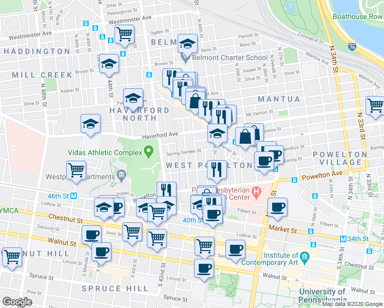 map of restaurants, bars, coffee shops, grocery stores, and more near 4047 Spring Garden Street in Philadelphia
