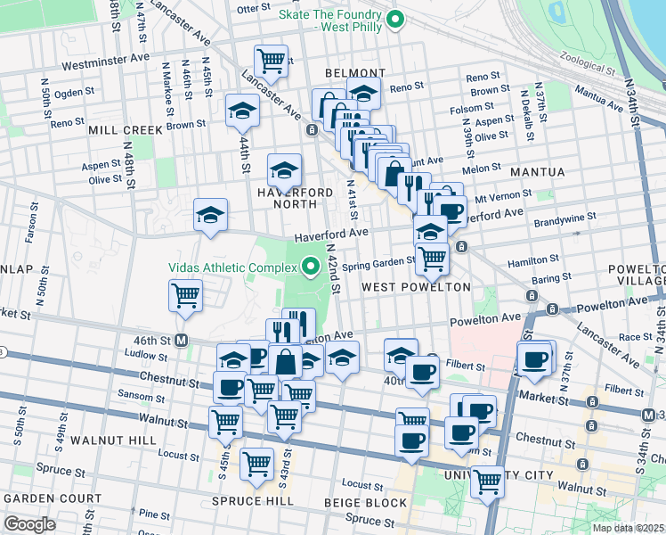 map of restaurants, bars, coffee shops, grocery stores, and more near 4129 Spring Garden Street in Philadelphia
