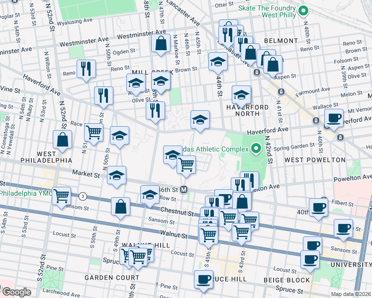 map of restaurants, bars, coffee shops, grocery stores, and more near 64 North 46th Street in Philadelphia