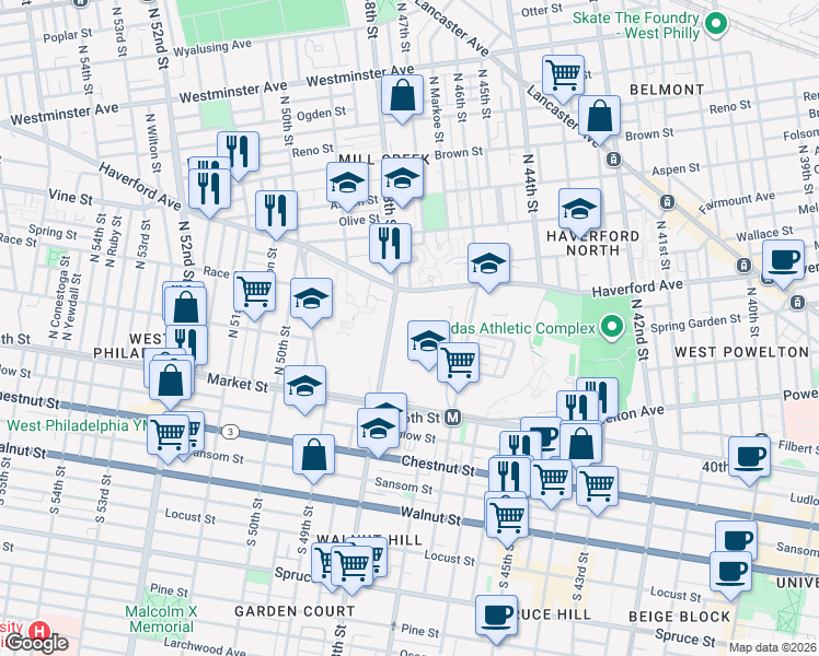 map of restaurants, bars, coffee shops, grocery stores, and more near 91 North 48th Street in Philadelphia