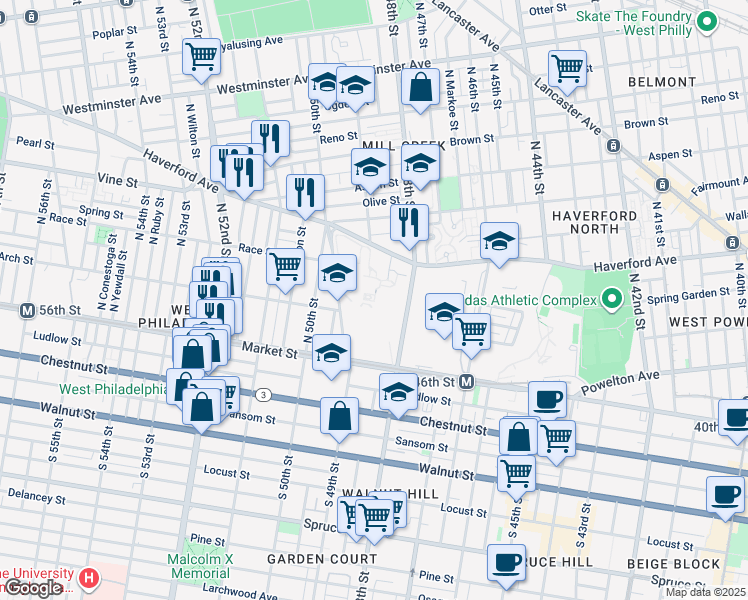 map of restaurants, bars, coffee shops, grocery stores, and more near 4865 Market Street in Philadelphia