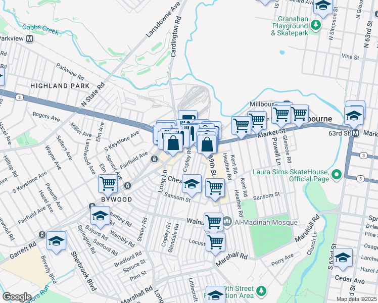 map of restaurants, bars, coffee shops, grocery stores, and more near 4 Garrett Road in Delaware County