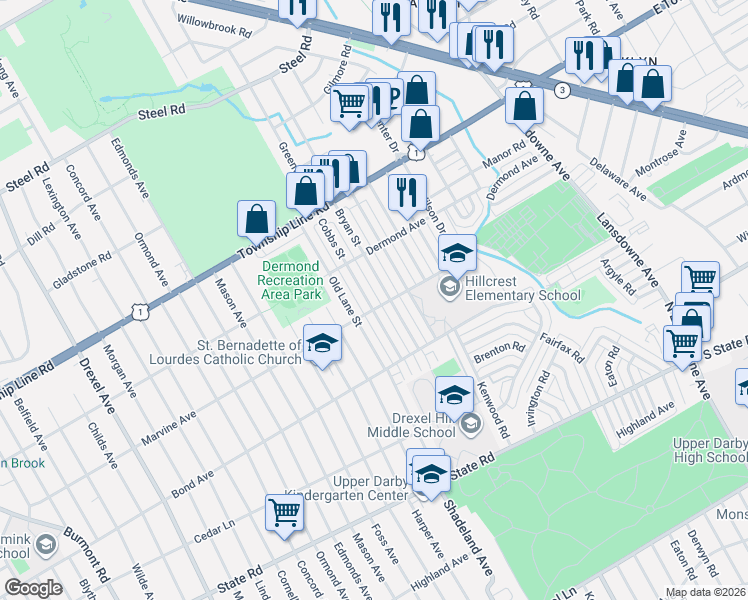 map of restaurants, bars, coffee shops, grocery stores, and more near 1111 Cobbs Street in Drexel Hill