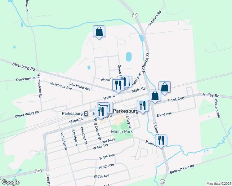 map of restaurants, bars, coffee shops, grocery stores, and more near 309 Strasburg Avenue in Parkesburg