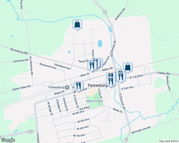 map of restaurants, bars, coffee shops, grocery stores, and more near 309 Strasburg Avenue in Parkesburg
