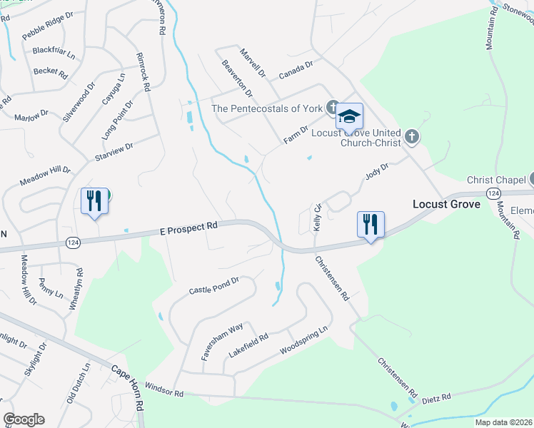 map of restaurants, bars, coffee shops, grocery stores, and more near 3067 East Prospect Road in York