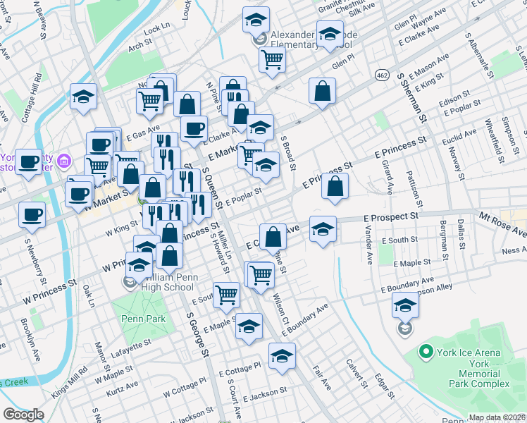 map of restaurants, bars, coffee shops, grocery stores, and more near in York