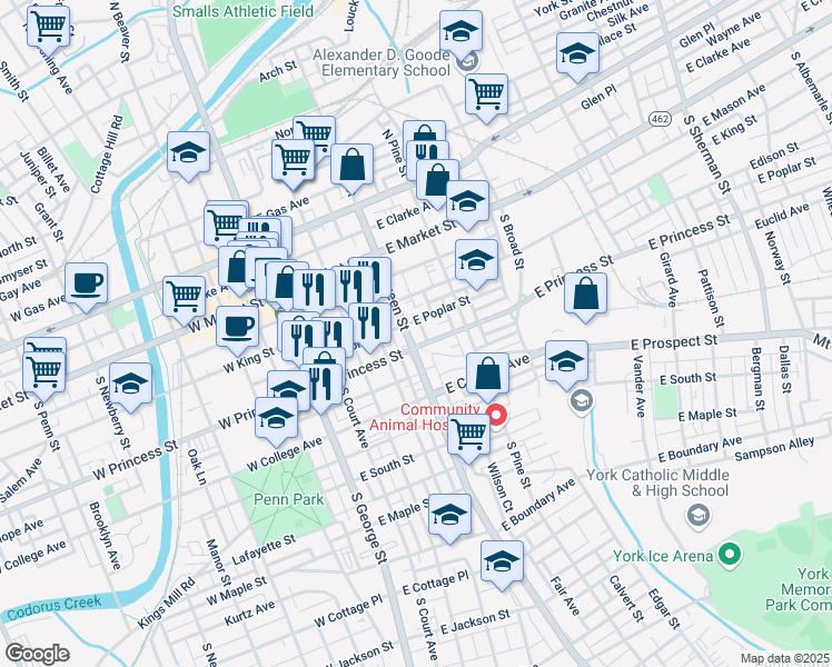 map of restaurants, bars, coffee shops, grocery stores, and more near 143 Susquehanna Avenue in York