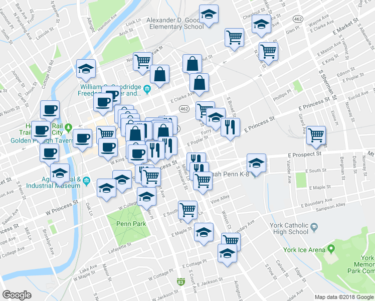 map of restaurants, bars, coffee shops, grocery stores, and more near 143 Susquehanna Avenue in York