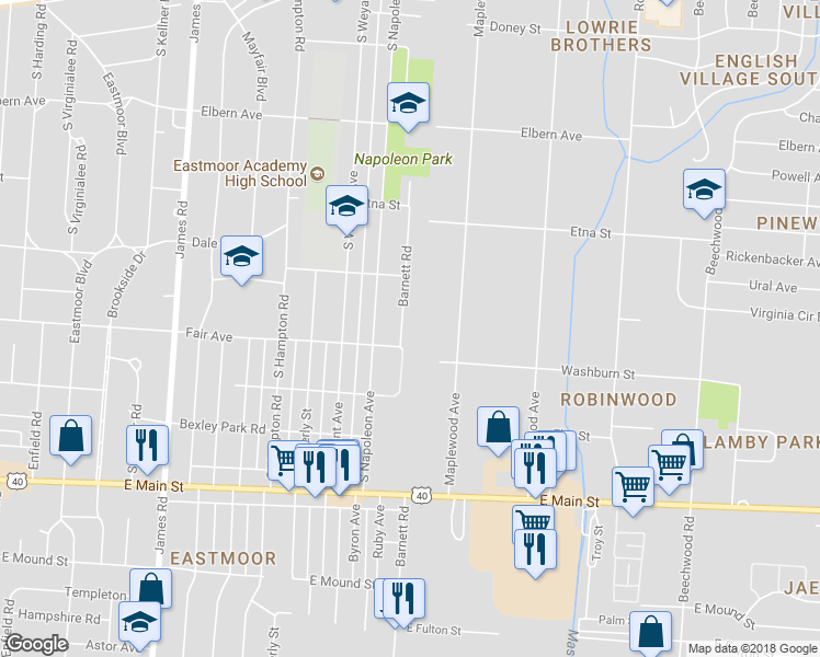 map of restaurants, bars, coffee shops, grocery stores, and more near 532 Barnett Road in Columbus
