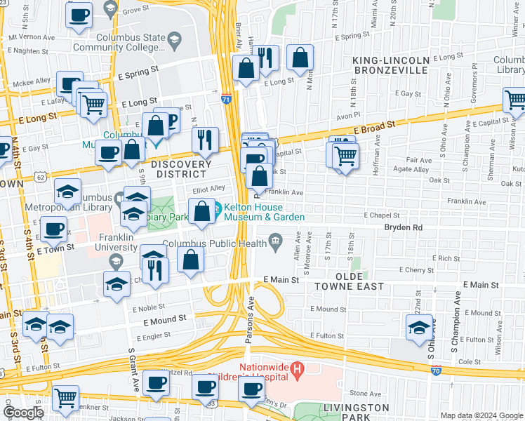 map of restaurants, bars, coffee shops, grocery stores, and more near 122 Parsons Avenue in Columbus