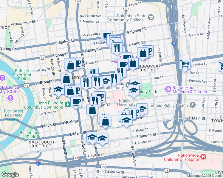 map of restaurants, bars, coffee shops, grocery stores, and more near 80 South 6th Street in Columbus