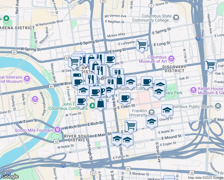 map of restaurants, bars, coffee shops, grocery stores, and more near 33 South 4th Street in Columbus