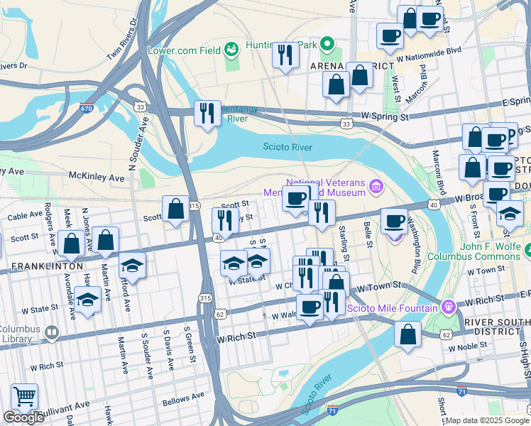 map of restaurants, bars, coffee shops, grocery stores, and more near 2250 North May Avenue in Columbus