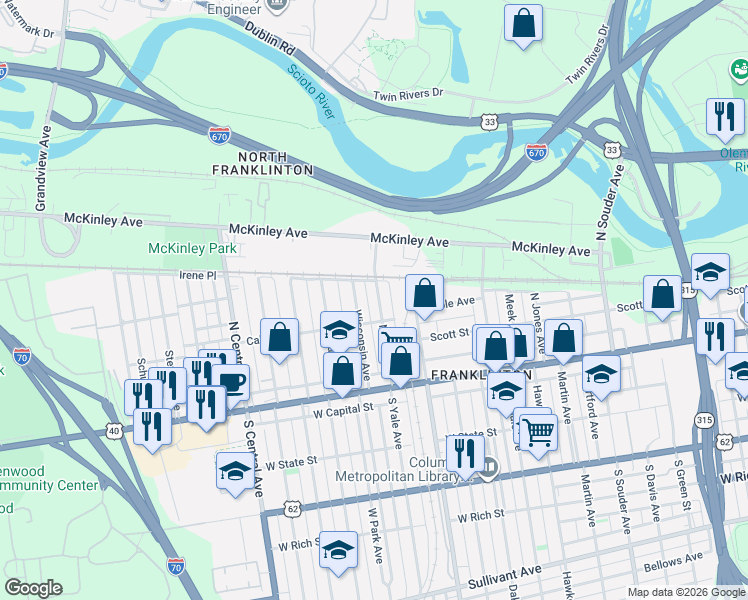 map of restaurants, bars, coffee shops, grocery stores, and more near 143 North Yale Avenue in Columbus