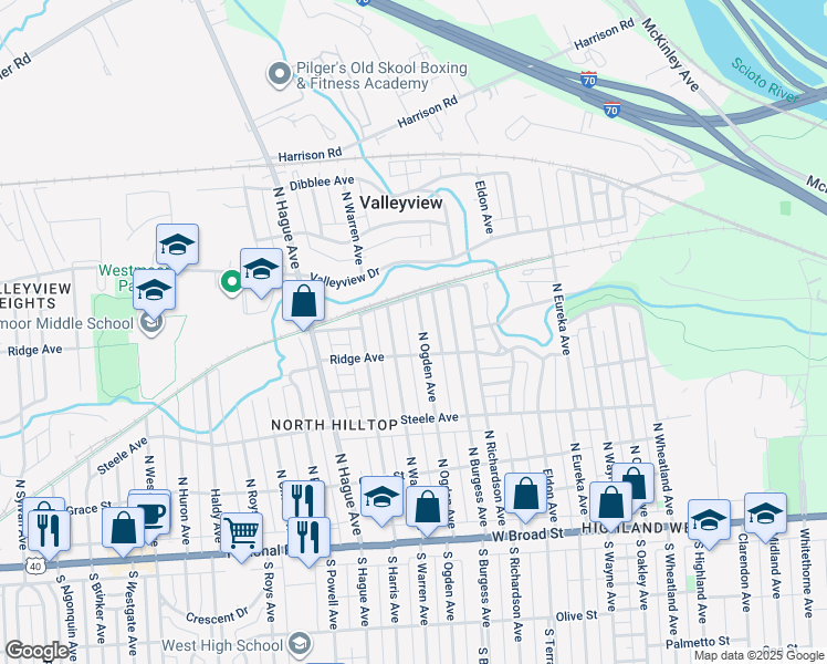map of restaurants, bars, coffee shops, grocery stores, and more near 308 North Ogden Avenue in Columbus