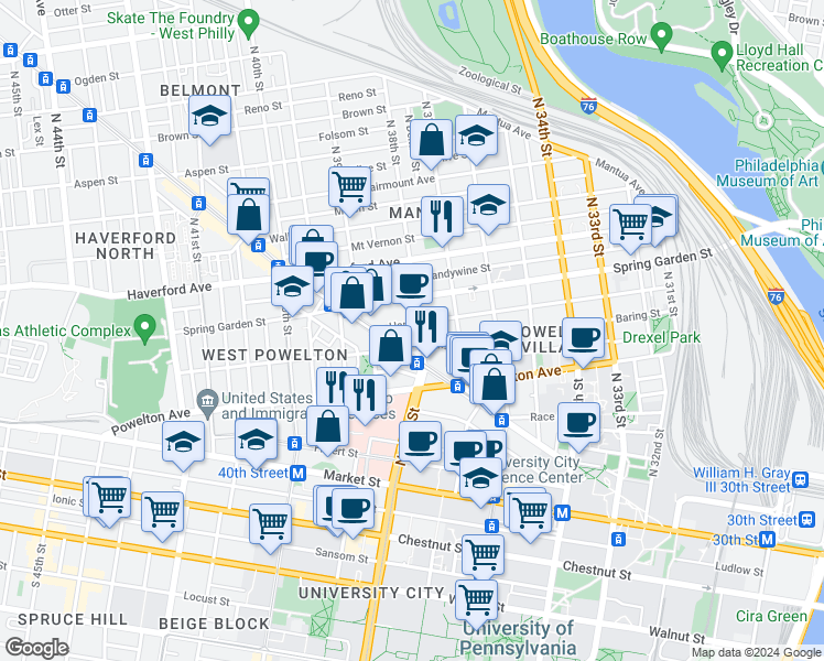 map of restaurants, bars, coffee shops, grocery stores, and more near 3806 Hamilton Street in Philadelphia
