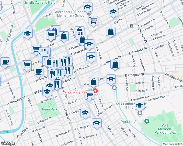 map of restaurants, bars, coffee shops, grocery stores, and more near 209 South Pine Street in York