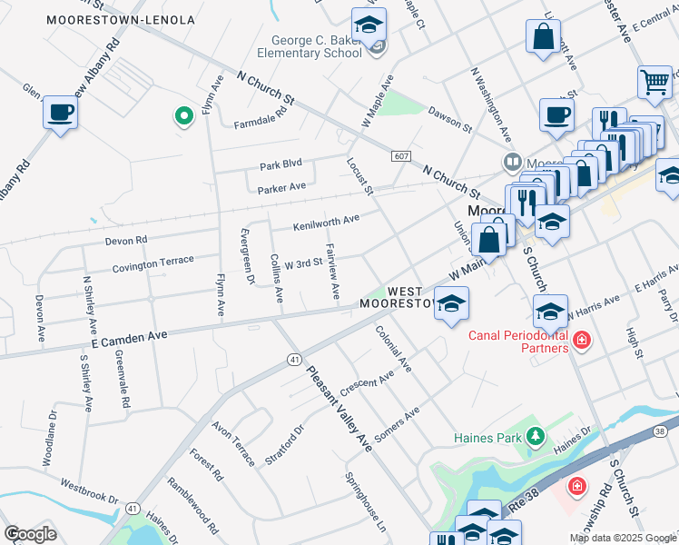 map of restaurants, bars, coffee shops, grocery stores, and more near 227 Fairview Avenue in Moorestown