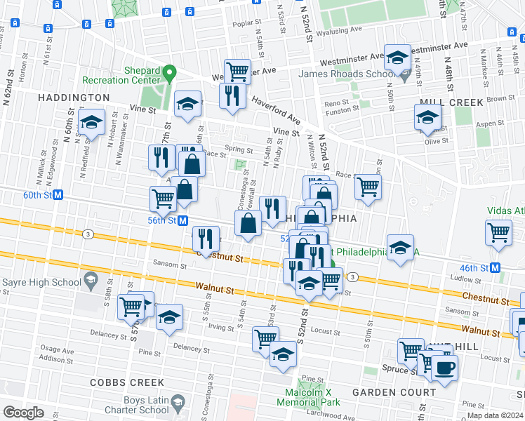 map of restaurants, bars, coffee shops, grocery stores, and more near 29 North 54th Street in Philadelphia
