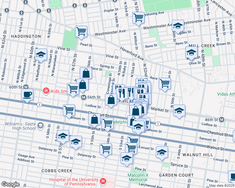 map of restaurants, bars, coffee shops, grocery stores, and more near 29 North 54th Street in Philadelphia