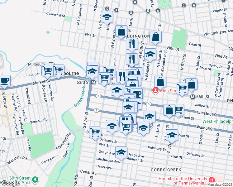 map of restaurants, bars, coffee shops, grocery stores, and more near 6110 Ludlow Street in Philadelphia