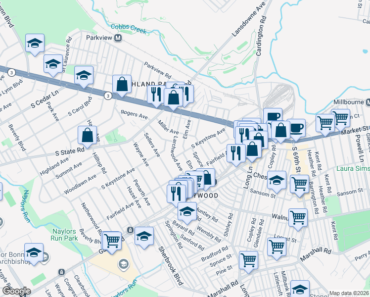 map of restaurants, bars, coffee shops, grocery stores, and more near 47 Elm Avenue in Delaware County