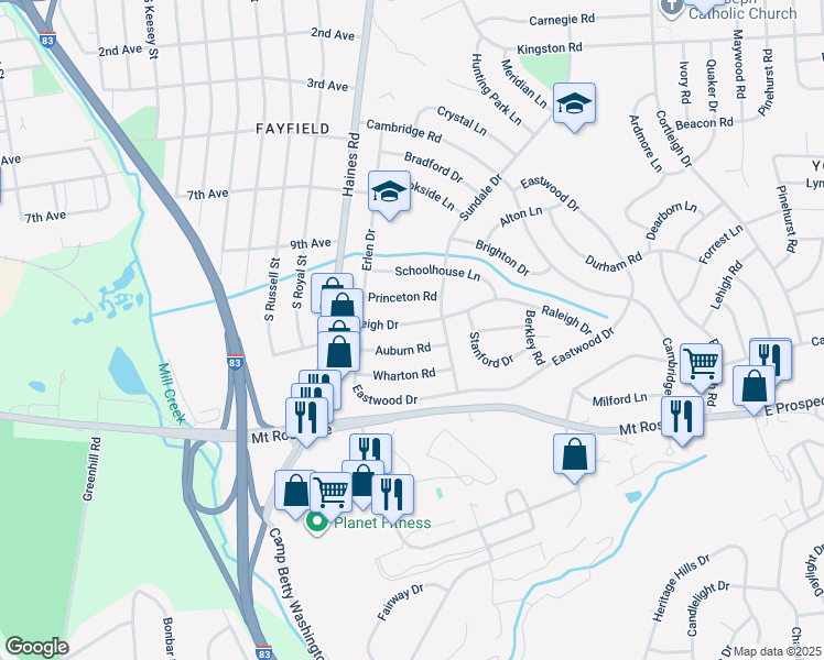map of restaurants, bars, coffee shops, grocery stores, and more near 2458 Raleigh Drive in East York