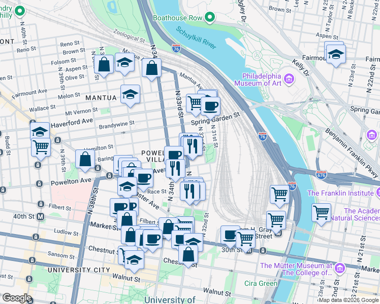 map of restaurants, bars, coffee shops, grocery stores, and more near 3214 Baring Street in Philadelphia