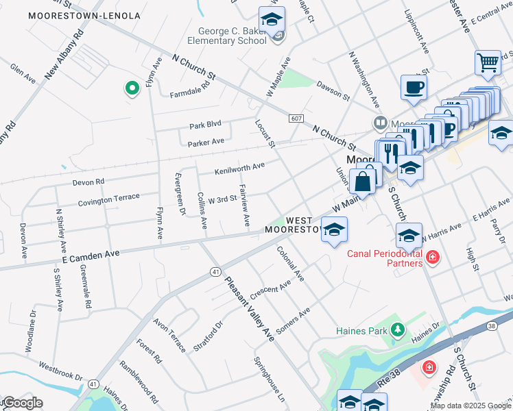 map of restaurants, bars, coffee shops, grocery stores, and more near 227 Fairview Avenue in Moorestown