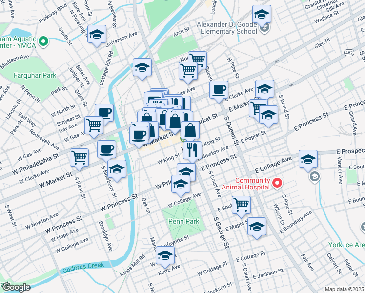 map of restaurants, bars, coffee shops, grocery stores, and more near 20 West Market Street in York