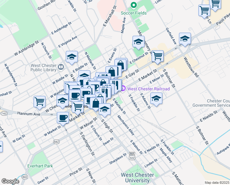map of restaurants, bars, coffee shops, grocery stores, and more near 217 East Market Street in West Chester