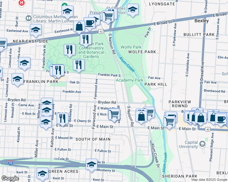map of restaurants, bars, coffee shops, grocery stores, and more near 1862 Franklin Avenue in Columbus