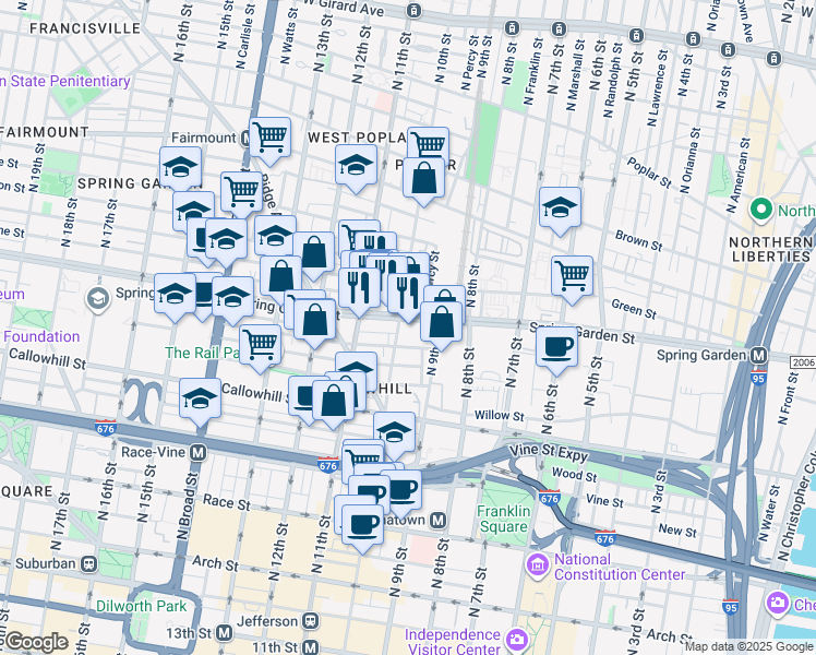 map of restaurants, bars, coffee shops, grocery stores, and more near 1000-02 Spring Garden Street in Philadelphia